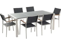 Clearance Beliani Set da pranzo da giardino 6 posti GROSSETO Piastra tripla Granito Lucido Nero/Grigio Argento Grigio Nero