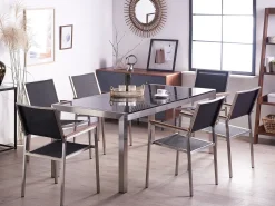 Sale Beliani Set da pranzo da giardino 6 posti GROSSETO Piastra tripla Granito Lucido Nero Argento Nero