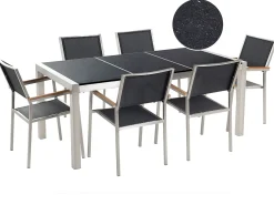 Sale Beliani Set da pranzo da giardino 6 posti GROSSETO Piastra tripla Granito Lucido Nero Argento Nero