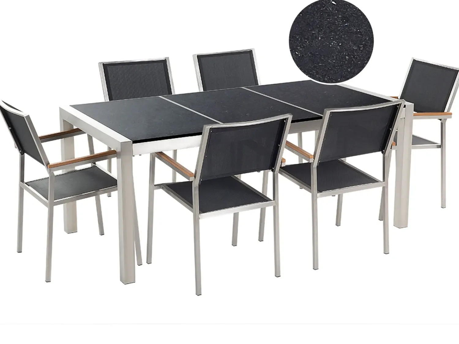 Sale Beliani Set da pranzo da giardino 6 posti GROSSETO Piastra tripla Granito Lucido Nero Argento Nero