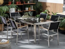 Sale Beliani Set da pranzo da giardino 6 posti GROSSETO Piastra tripla Granito Lucido Nero Argento Nero