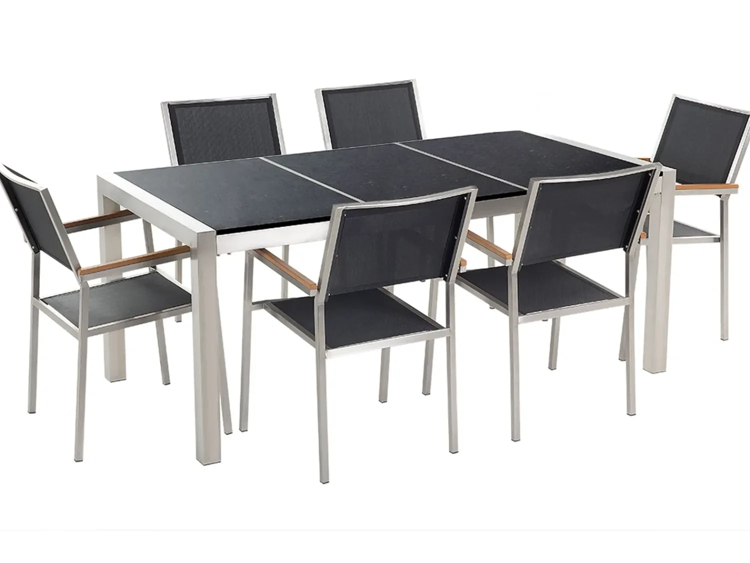 Sale Beliani Set da pranzo da giardino 6 posti GROSSETO Piastra tripla Granito Lucido Nero Argento Nero