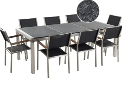 Clearance Beliani Set da pranzo da giardino 8 posti GROSSETO Piastra tripla Granito fiammato Nero Argento Grigio Nero
