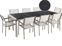Hot Beliani Set da pranzo da giardino 8 posti GROSSETO Piastra tripla Granito Lucido Nero/Bianco Bianco Argento Nero
