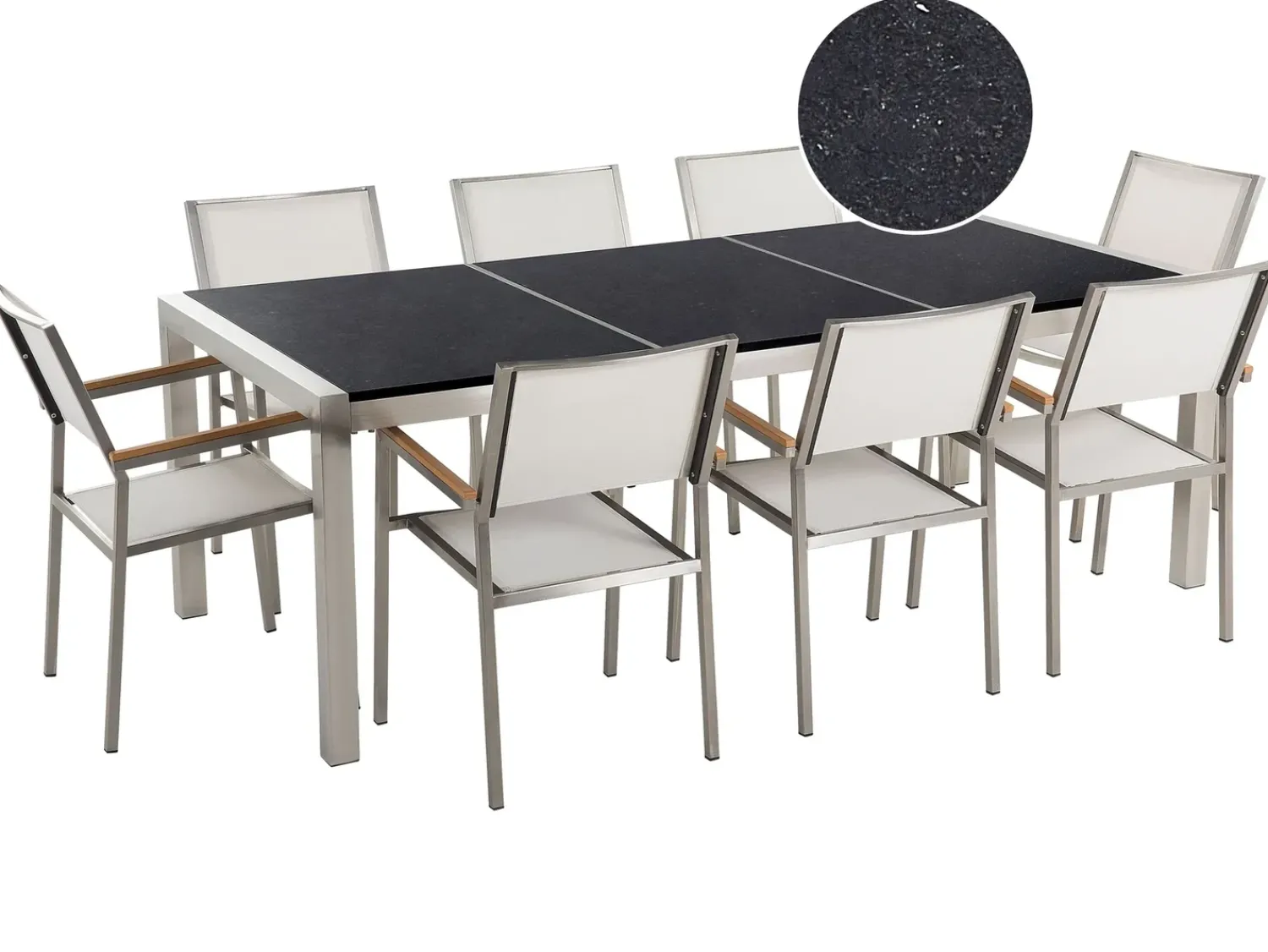 Hot Beliani Set da pranzo da giardino 8 posti GROSSETO Piastra tripla Granito Lucido Nero/Bianco Bianco Argento Nero
