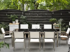 Hot Beliani Set da pranzo da giardino 8 posti GROSSETO Piastra tripla Granito Lucido Nero/Bianco Bianco Argento Nero
