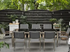 Clearance Beliani Set da pranzo da giardino 8 posti GROSSETO Piastra tripla Granito Lucido Nero/Grigio Argento Grigio Nero