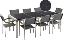 Clearance Beliani Set da pranzo da giardino 8 posti GROSSETO Piastra tripla Granito Lucido Nero/Grigio Argento Grigio Nero