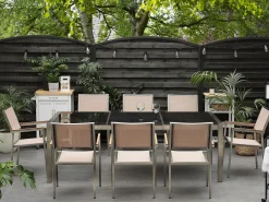 Clearance Beliani Set da pranzo da giardino 8 posti GROSSETO Piastra tripla Granito Lucido Nero/Beige Beige Argento Nero