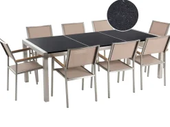 Clearance Beliani Set da pranzo da giardino 8 posti GROSSETO Piastra tripla Granito Lucido Nero/Beige Beige Argento Nero