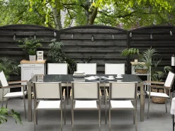 Beliani Set da pranzo da giardino 8 posti GROSSETO Piastra tripla Granito Lucido Grigio/Bianco Bianco Argento Grigio