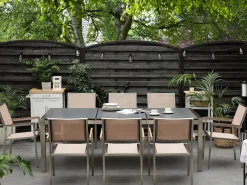 Sale Beliani Set da pranzo da giardino 8 posti GROSSETO Piastra tripla Granito fiammato Nero/Beige Beige Argento Grigio