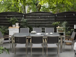 Hot Beliani Set da pranzo da giardino 8 posti GROSSETO Piastra tripla Granito fiammato Nero/Grigio Argento Grigio