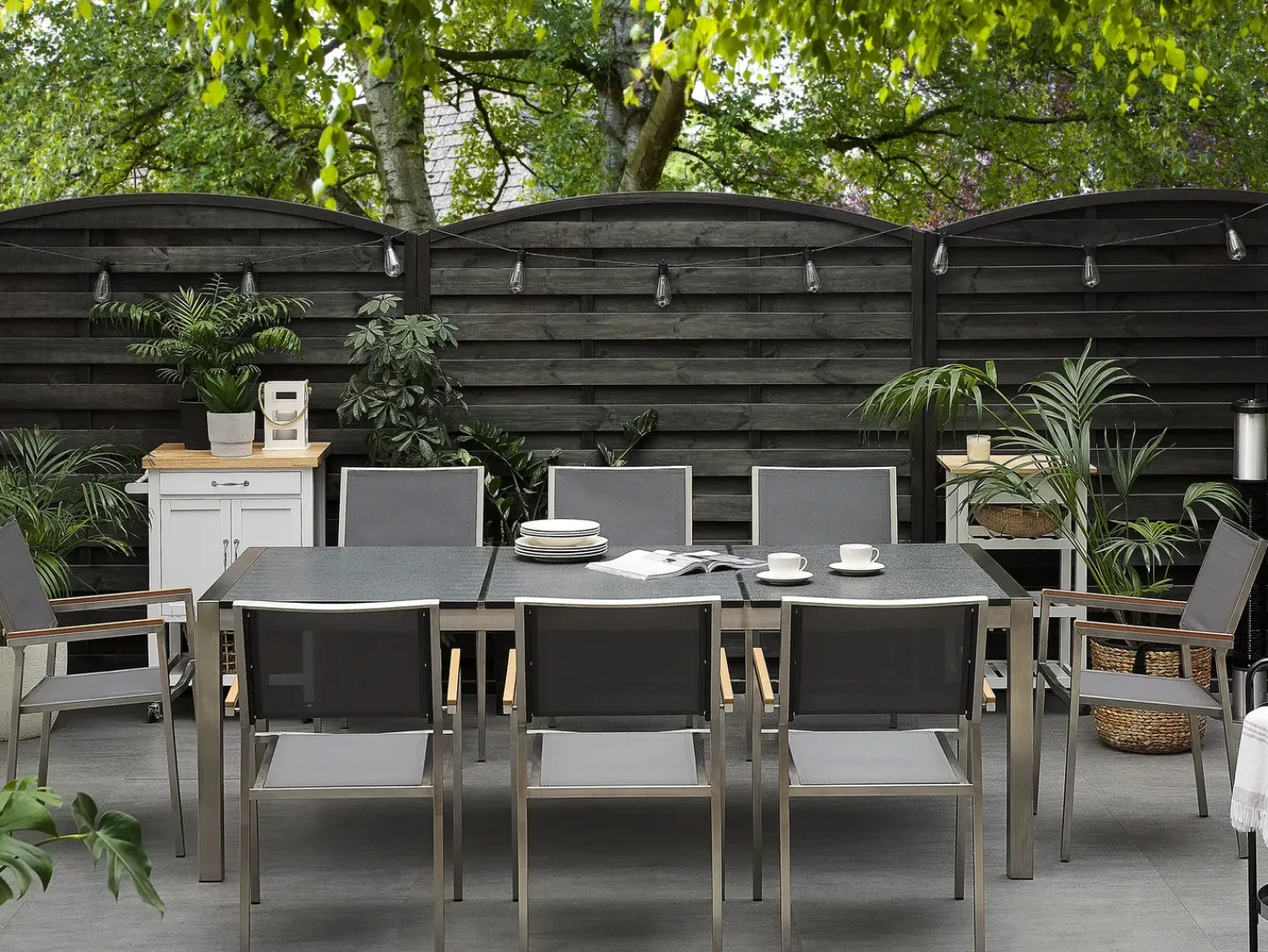 Hot Beliani Set da pranzo da giardino 8 posti GROSSETO Piastra tripla Granito fiammato Nero/Grigio Argento Grigio