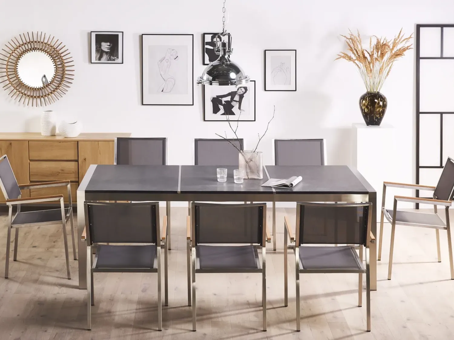 Hot Beliani Set da pranzo da giardino 8 posti GROSSETO Piastra tripla Granito fiammato Nero/Grigio Argento Grigio