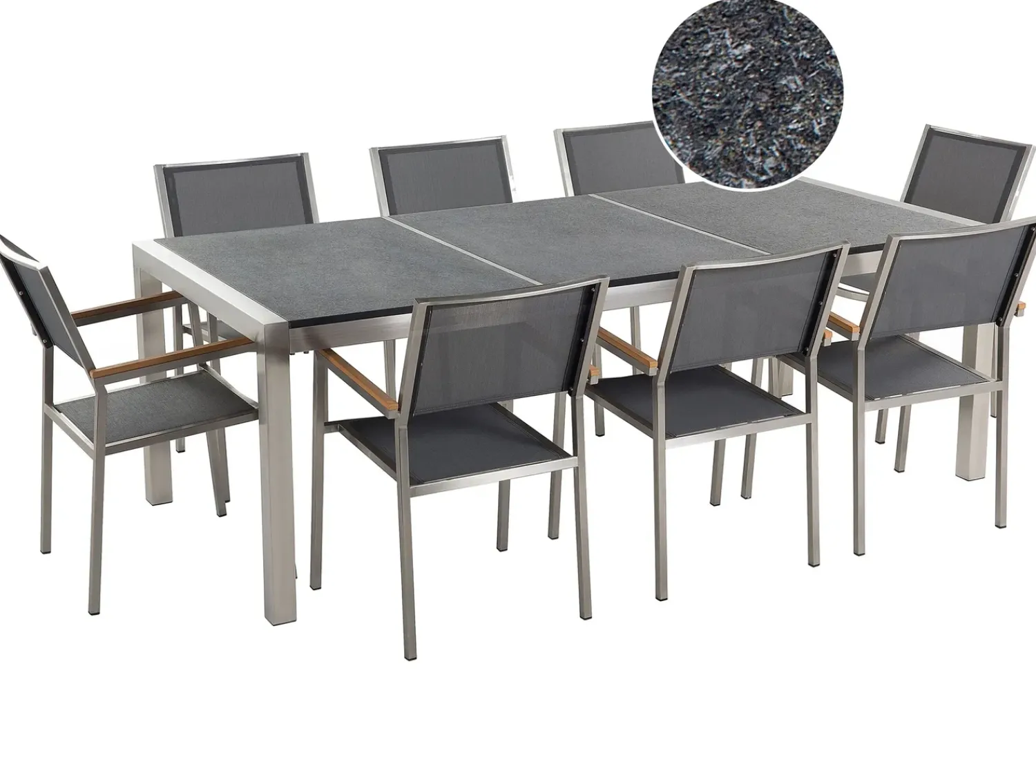 Hot Beliani Set da pranzo da giardino 8 posti GROSSETO Piastra tripla Granito fiammato Nero/Grigio Argento Grigio