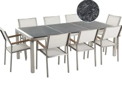Hot Beliani Set da pranzo da giardino 8 posti GROSSETO Piastra tripla Granito fiammato Nero/Bianco Bianco Argento Grigio