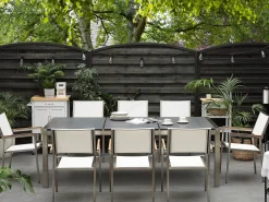 Hot Beliani Set da pranzo da giardino 8 posti GROSSETO Piastra tripla Granito fiammato Nero/Bianco Bianco Argento Grigio