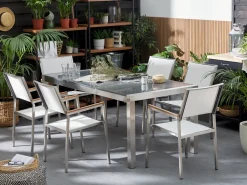 Hot Beliani Set da pranzo da giardino 6 posti GROSSETO Piastra tripla Granito Lucido Grigio/Bianco Bianco Argento Grigio