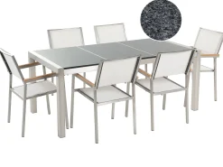 Hot Beliani Set da pranzo da giardino 6 posti GROSSETO Piastra tripla Granito Lucido Grigio/Bianco Bianco Argento Grigio
