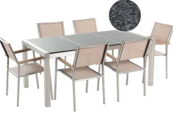 Outlet Beliani Set da pranzo da giardino 6 posti GROSSETO Piastra tripla Granito Lucido Grigio/Beige Beige Argento Grigio