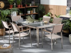Outlet Beliani Set da pranzo da giardino 6 posti GROSSETO Piastra tripla Granito Lucido Grigio/Beige Beige Argento Grigio