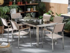 Hot Beliani Set da pranzo da giardino 6 posti GROSSETO Piastra tripla Granito Lucido Nero/Beige Beige Argento Nero
