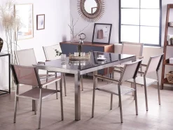 Hot Beliani Set da pranzo da giardino 6 posti GROSSETO Piastra tripla Granito Lucido Nero/Beige Beige Argento Nero