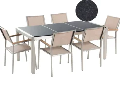 Hot Beliani Set da pranzo da giardino 6 posti GROSSETO Piastra tripla Granito Lucido Nero/Beige Beige Argento Nero