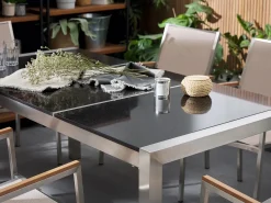 Online Beliani Set da pranzo da giardino 6 posti GROSSETO Piastra tripla Granito Lucido Grigio/Nero Argento Grigio Nero