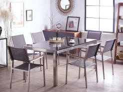 Online Beliani Set da pranzo da giardino 6 posti GROSSETO Piastra tripla Granito Lucido Grigio/Nero Argento Grigio Nero