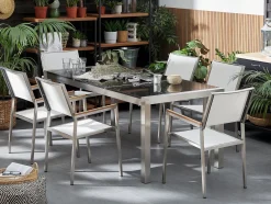 New Beliani Set da pranzo da giardino 6 posti GROSSETO Piastra tripla Granito Lucido Nero/Bianco Bianco Argento Nero