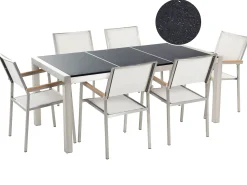 New Beliani Set da pranzo da giardino 6 posti GROSSETO Piastra tripla Granito Lucido Nero/Bianco Bianco Argento Nero
