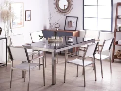 New Beliani Set da pranzo da giardino 6 posti GROSSETO Piastra tripla Granito Lucido Nero/Bianco Bianco Argento Nero