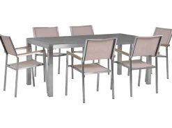 Clearance Beliani Set da pranzo da giardino 6 posti GROSSETO Granito Lucido Grigio/Beige Beige Argento Grigio