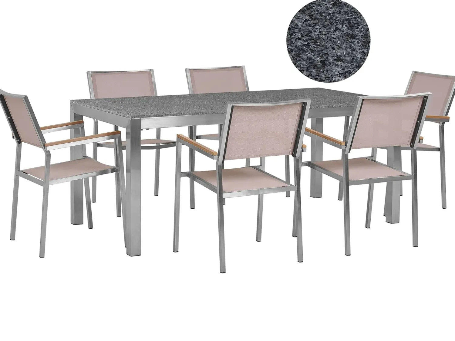 Clearance Beliani Set da pranzo da giardino 6 posti GROSSETO Granito Lucido Grigio/Beige Beige Argento Grigio