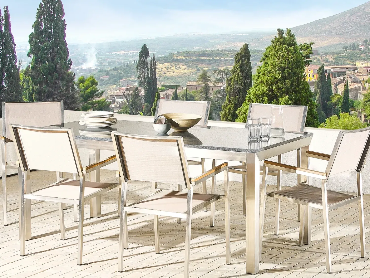 Clearance Beliani Set da pranzo da giardino 6 posti GROSSETO Granito Lucido Grigio/Beige Beige Argento Grigio