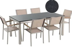 Clearance Beliani Set da pranzo da giardino 6 posti GROSSETO Granito Lucido Nero/Beige Beige Argento Nero