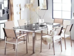 Clearance Beliani Set da pranzo da giardino 6 posti GROSSETO Granito Lucido Nero/Beige Beige Argento Nero