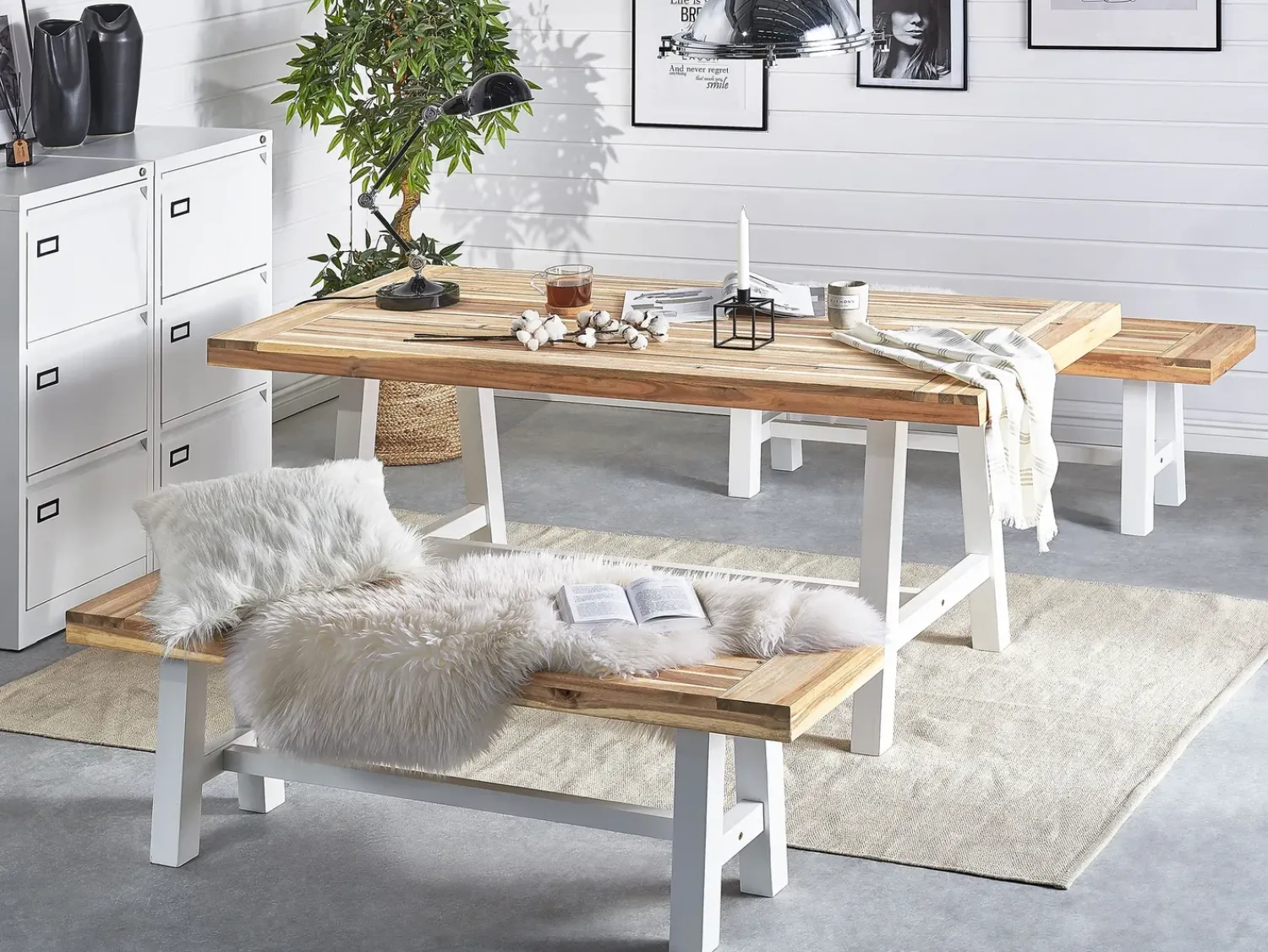New Beliani Set da pranzo da giardino 6 posti SCANIA Legno d'acacia Bianco Bianco Marrone
