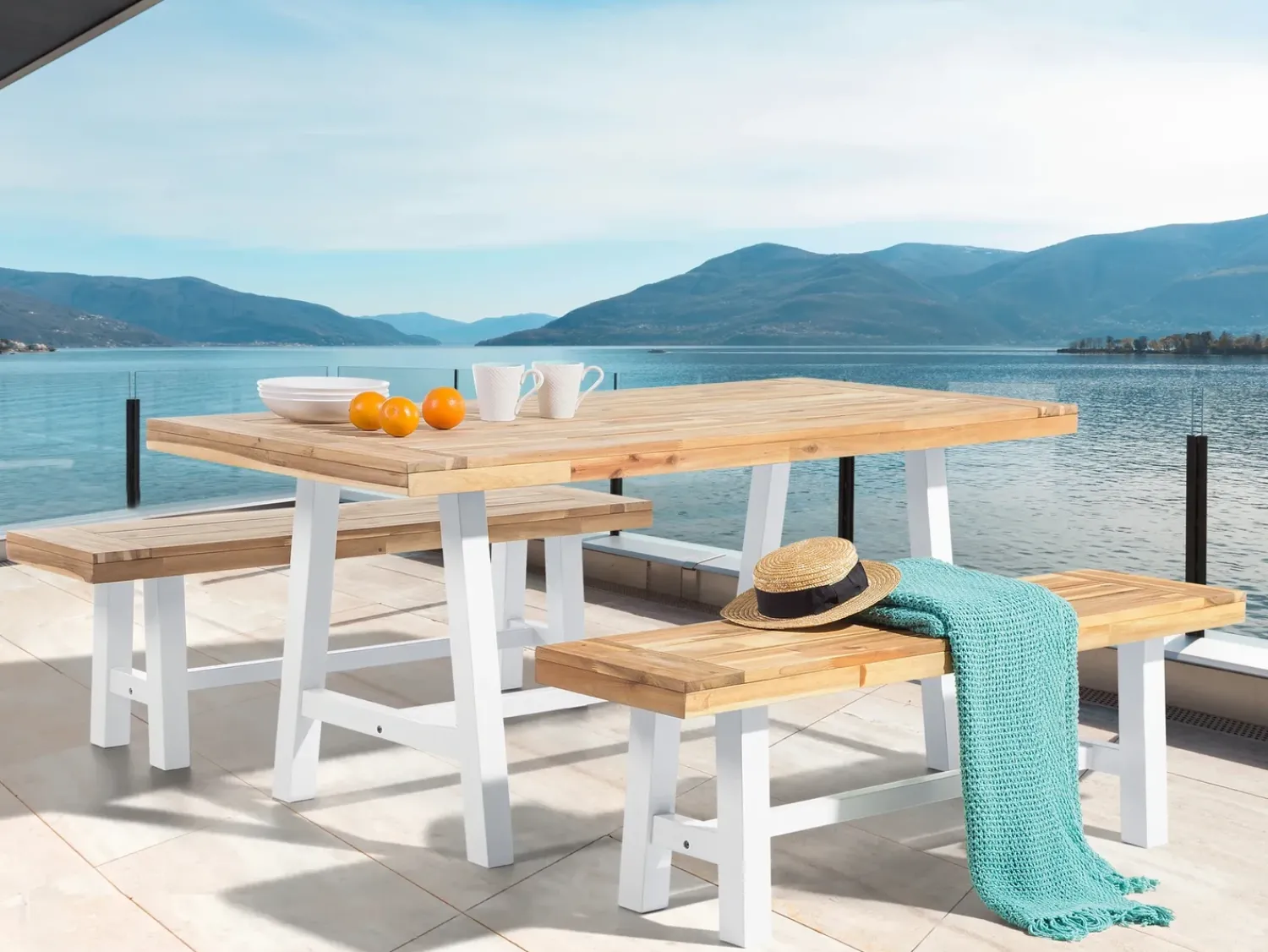 New Beliani Set da pranzo da giardino 6 posti SCANIA Legno d'acacia Bianco Bianco Marrone