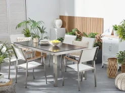 New Beliani Set da pranzo da giardino 6 posti GROSSETO Vetro temperato Nero/Bianco Bianco Argento Nero