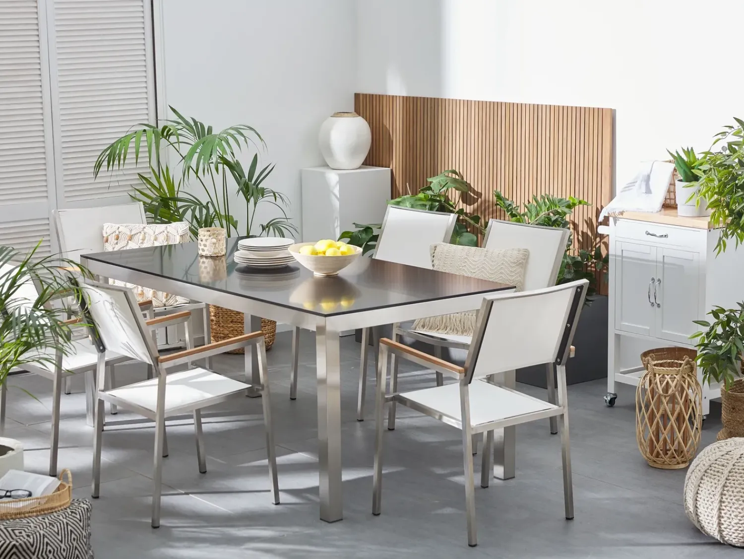 New Beliani Set da pranzo da giardino 6 posti GROSSETO Vetro temperato Nero/Bianco Bianco Argento Nero