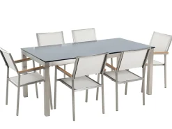 New Beliani Set da pranzo da giardino 6 posti GROSSETO Vetro temperato Nero/Bianco Bianco Argento Nero