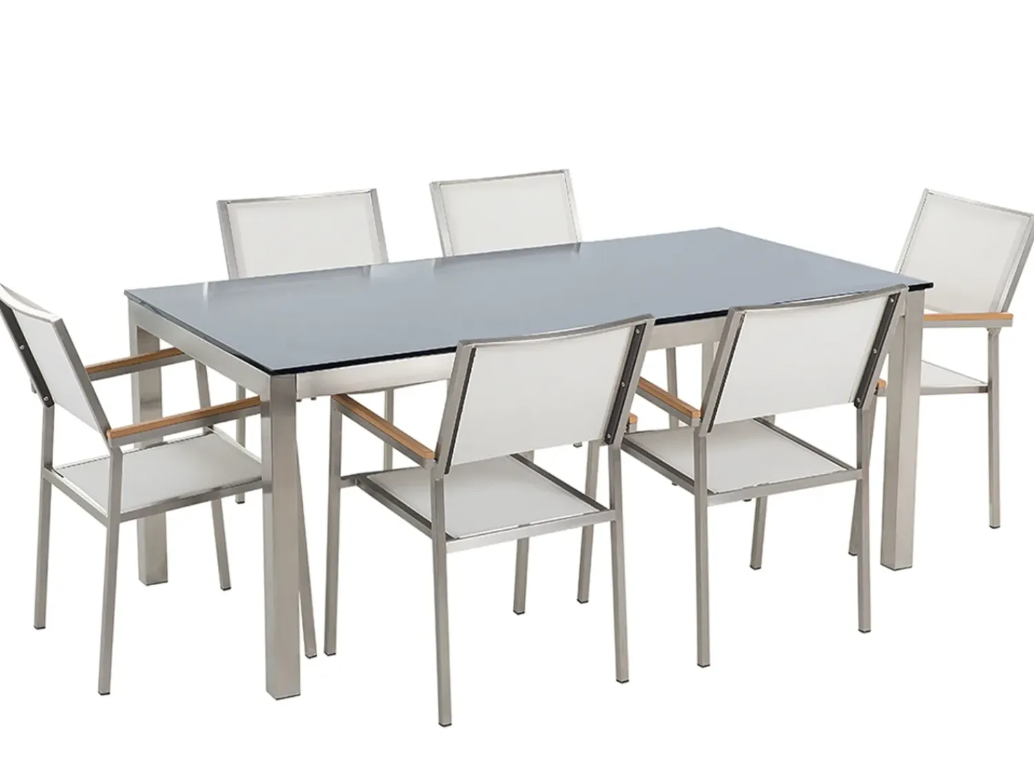 New Beliani Set da pranzo da giardino 6 posti GROSSETO Vetro temperato Nero/Bianco Bianco Argento Nero
