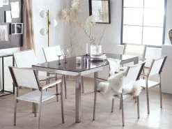 New Beliani Set da pranzo da giardino 6 posti GROSSETO Vetro temperato Nero/Bianco Bianco Argento Nero