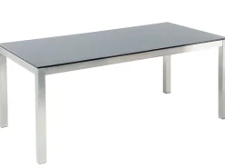 New Beliani Set da pranzo da giardino 6 posti GROSSETO Vetro temperato Nero/Bianco Bianco Argento Nero