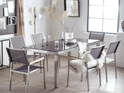 Hot Beliani Set da pranzo da giardino 6 posti GROSSETO Vetro temperato Grigio/Nero Argento Grigio Nero