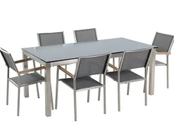 Hot Beliani Set da pranzo da giardino 6 posti GROSSETO Vetro temperato Grigio/Nero Argento Grigio Nero