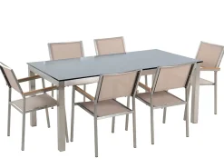 Discount Beliani Set da pranzo da giardino 6 posti GROSSETO Vetro temperato Nero/Beige Beige Argento Nero